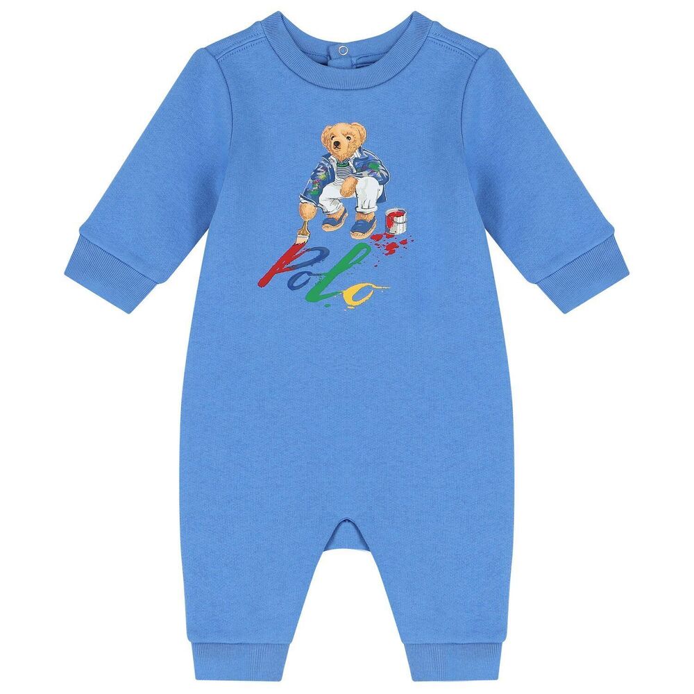 NWT Ralph Lauren Baby Boys 3 mos 6 mos 9 mos Romper  Blue Polo Bear fleece - Picture 2 of 8